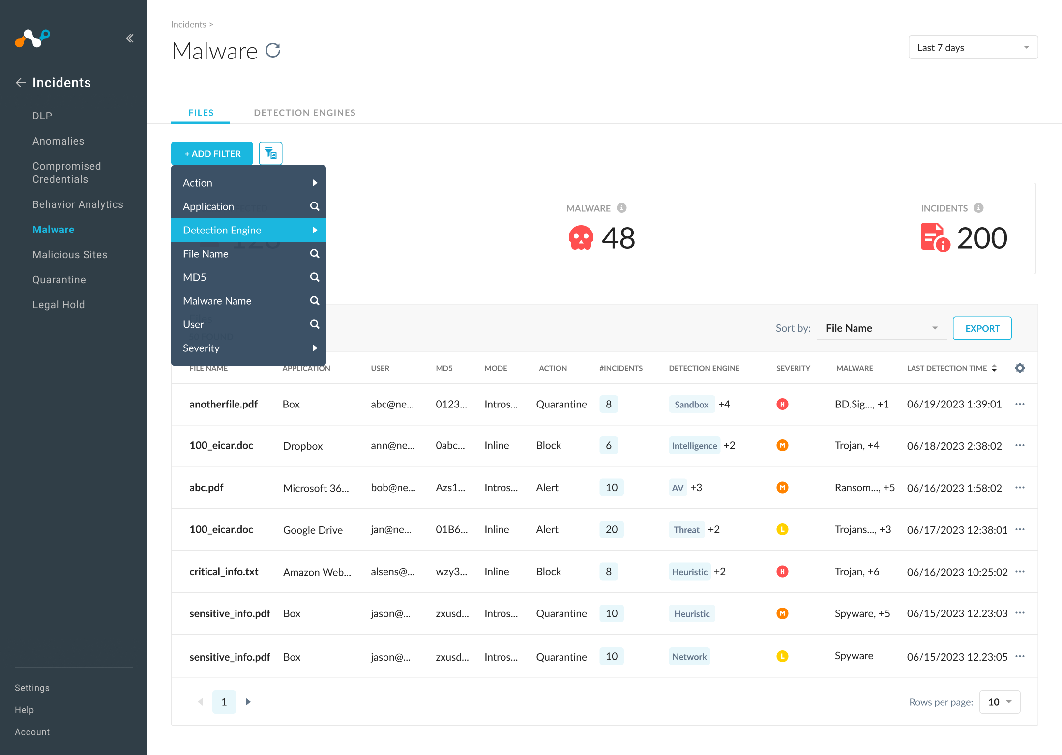 Filter by detection engine