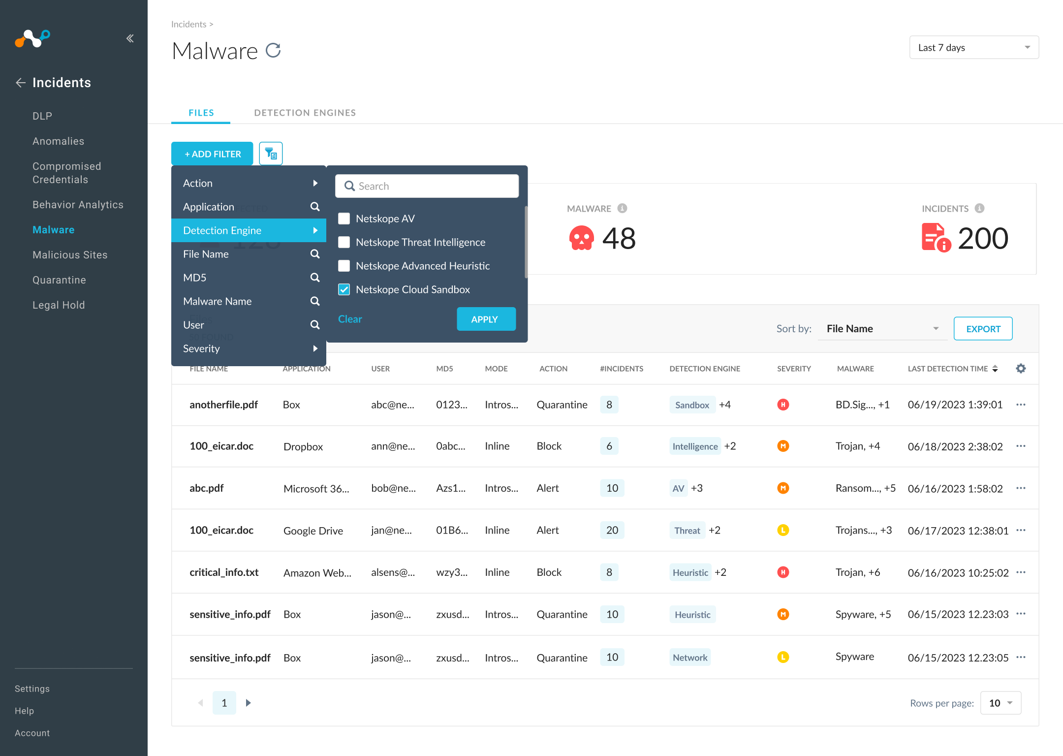 Select specific detection engines