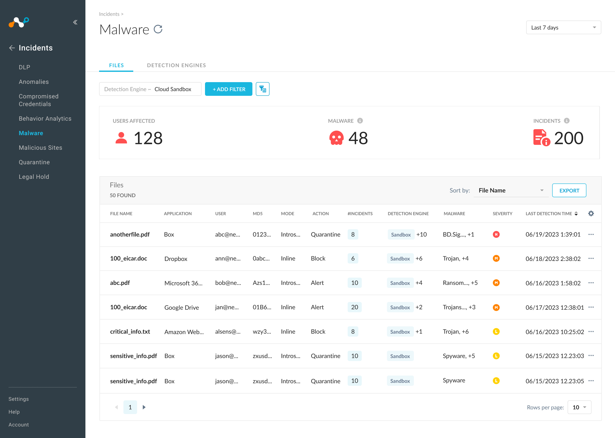Filtered results by detection engine